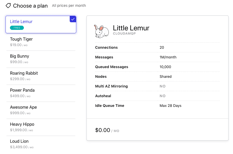 CloudAMQP 무료 플랜 선택 : 1